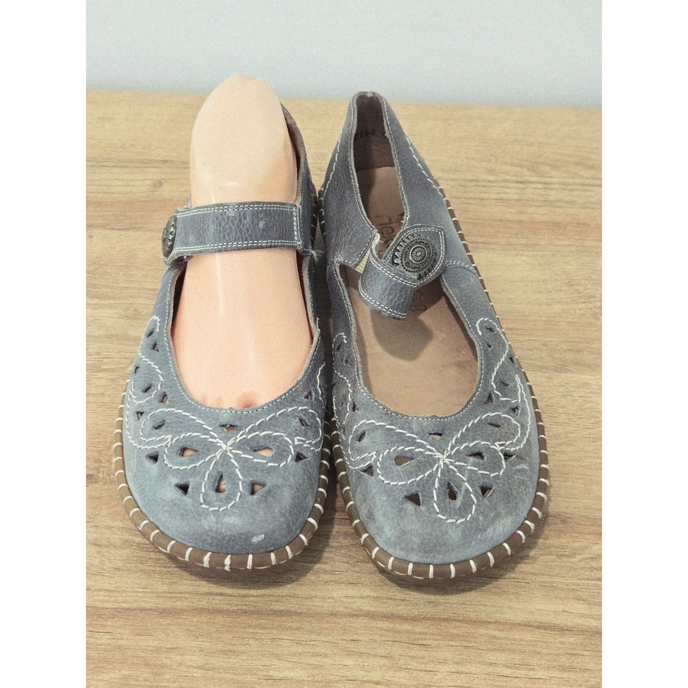 Rieker Antistress Mary Jane Flats 38/7-7.5 Blue Grey Leather Laser Cutout Shoes - Picture 3 of 9